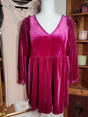 Umgee 🩷 Raspberry Velvet With Full Accented Sleeve Vneck Mini Dress Or Tunic